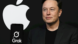 אילון מאסק והלוגו של אפל לצד הלוגו של Grok, צילום: אילוסטרציה, AI